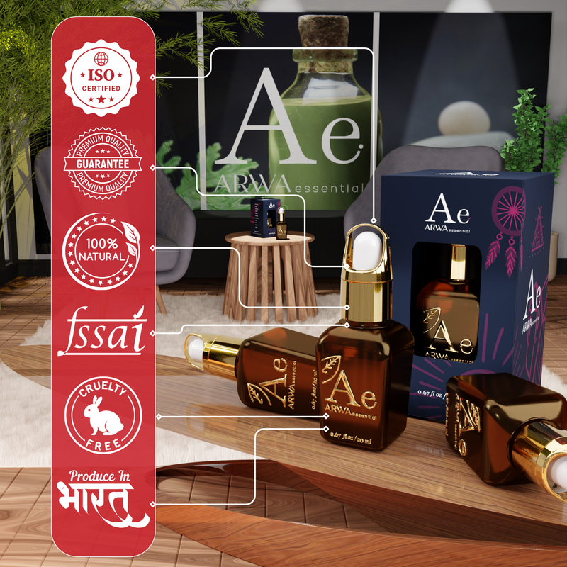 ARWA Essential certifications - ISO certified, premium quality guarantee, 100% natural, FSSAI, cruelty free, produced in India