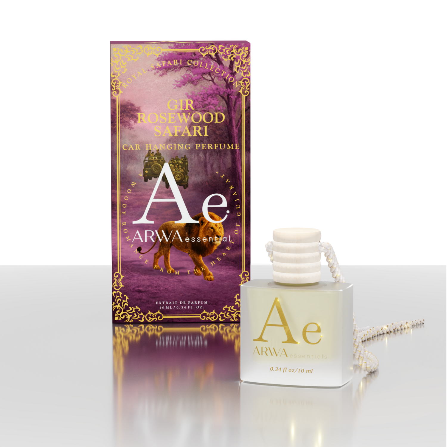 Gir Rosewood Safari 10ml hanging car perfume – purple lion-design packaging box with hanging bottle, front view