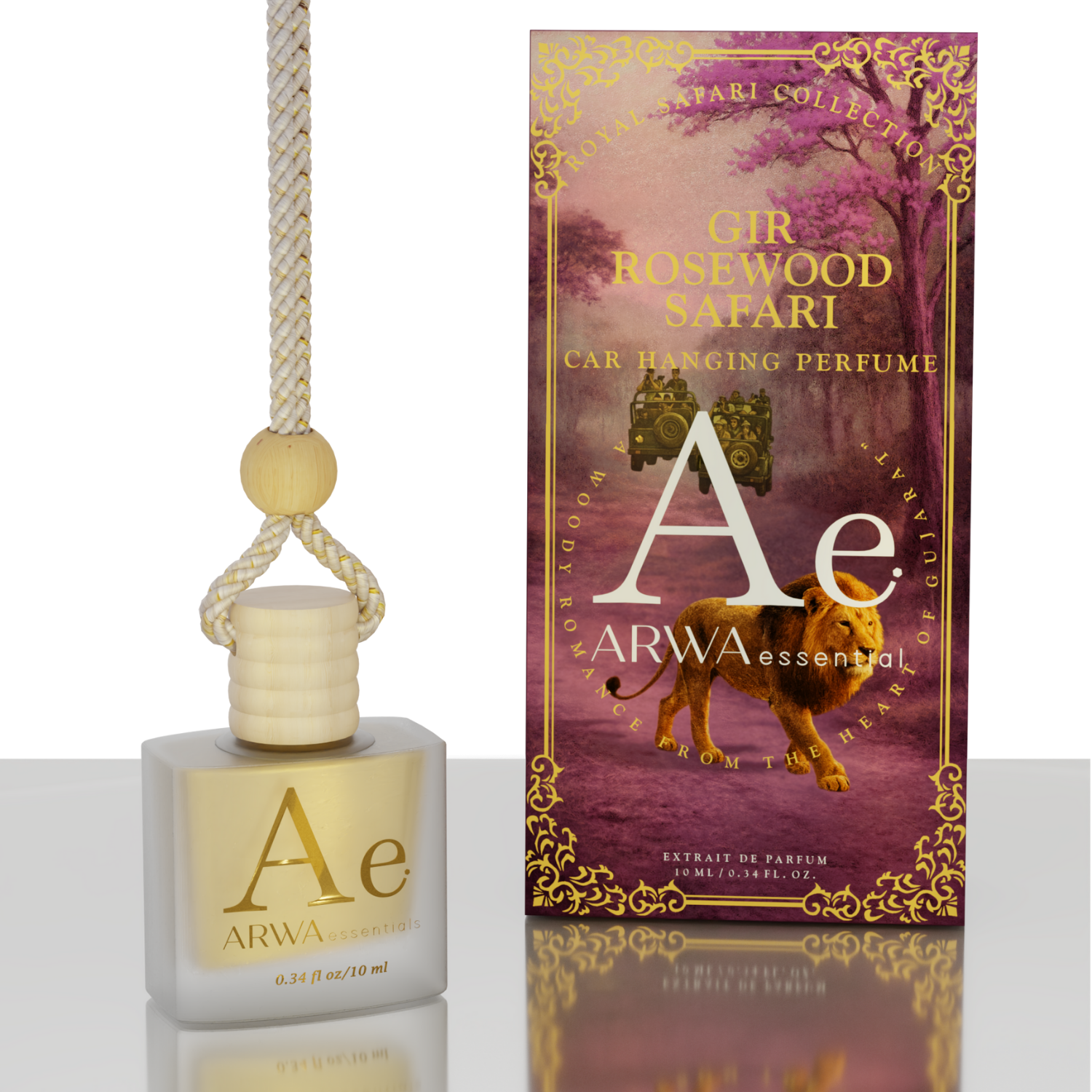 Gir Rosewood Safari 10ml hanging car perfume – hanging bottle beside purple lion-design packaging box, angled view