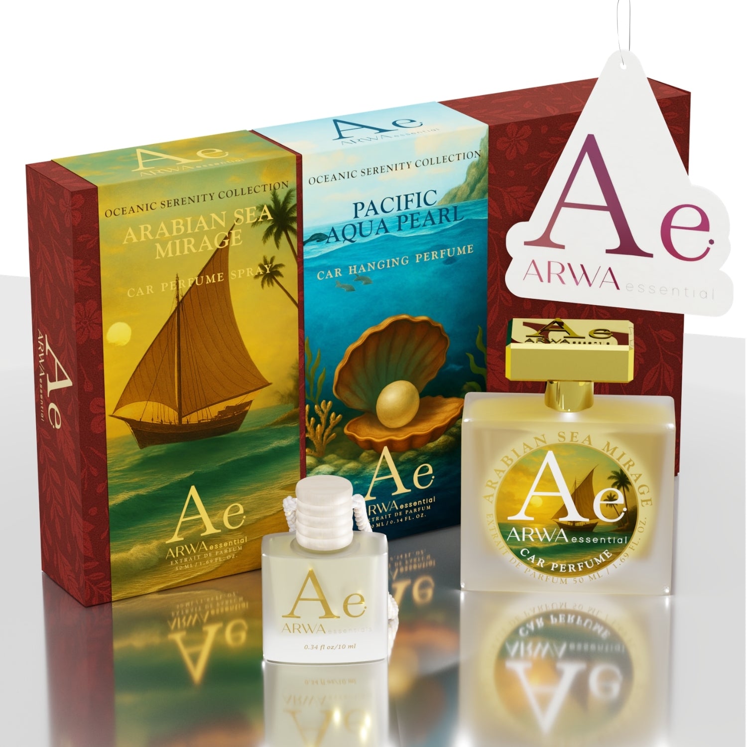 Pacific Aqua Pearl Hanging Car Perfume 10ml + Arabian Sea Mirage Car Perfume Spray 50ml