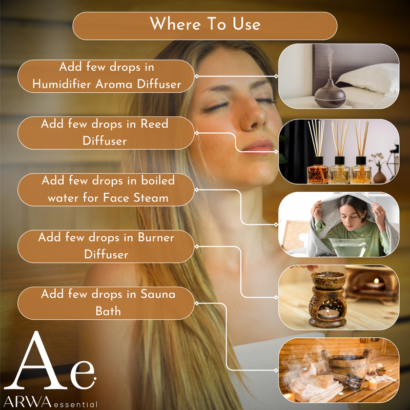 Where to use Agarwood Oud Essential Oil - humidifier aroma diffuser, reed diffuser, boiled water for face steam, burner diffuser, sauna bath