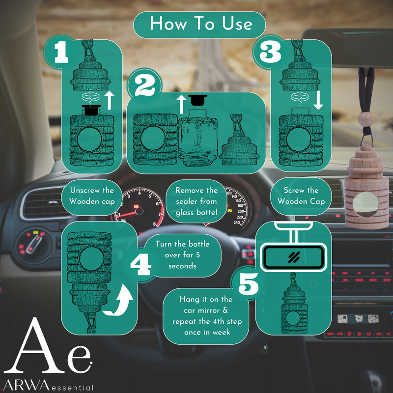 How to use ARWA Essential wooden car hanging air freshener - five step graphic: unscrew wooden cap, remove sealer from glass bottle, screw wooden cap back, turn bottle over for 5 seconds, hang on car mirror and repeat weekly