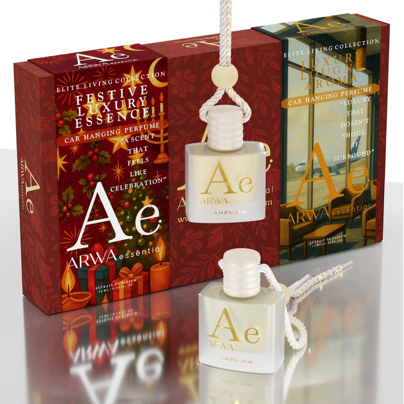 ARWA Essential Festive Luxury Essence + Luxury Lounge Aroma 10ml hanging car perfume combo, Elite Living Collection – both packaging boxes and hanging bottles arranged together