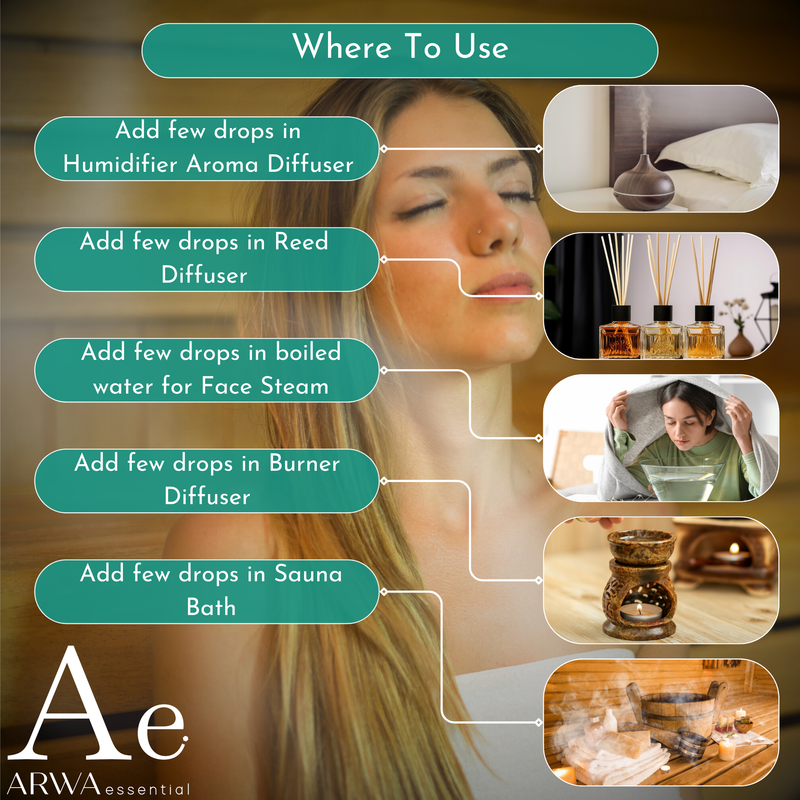 Where to use ARWA Essential Jasmine Oil - add few drops in humidifier aroma diffuser, reed diffuser, boiled water for face steam, burner diffuser, or sauna bath