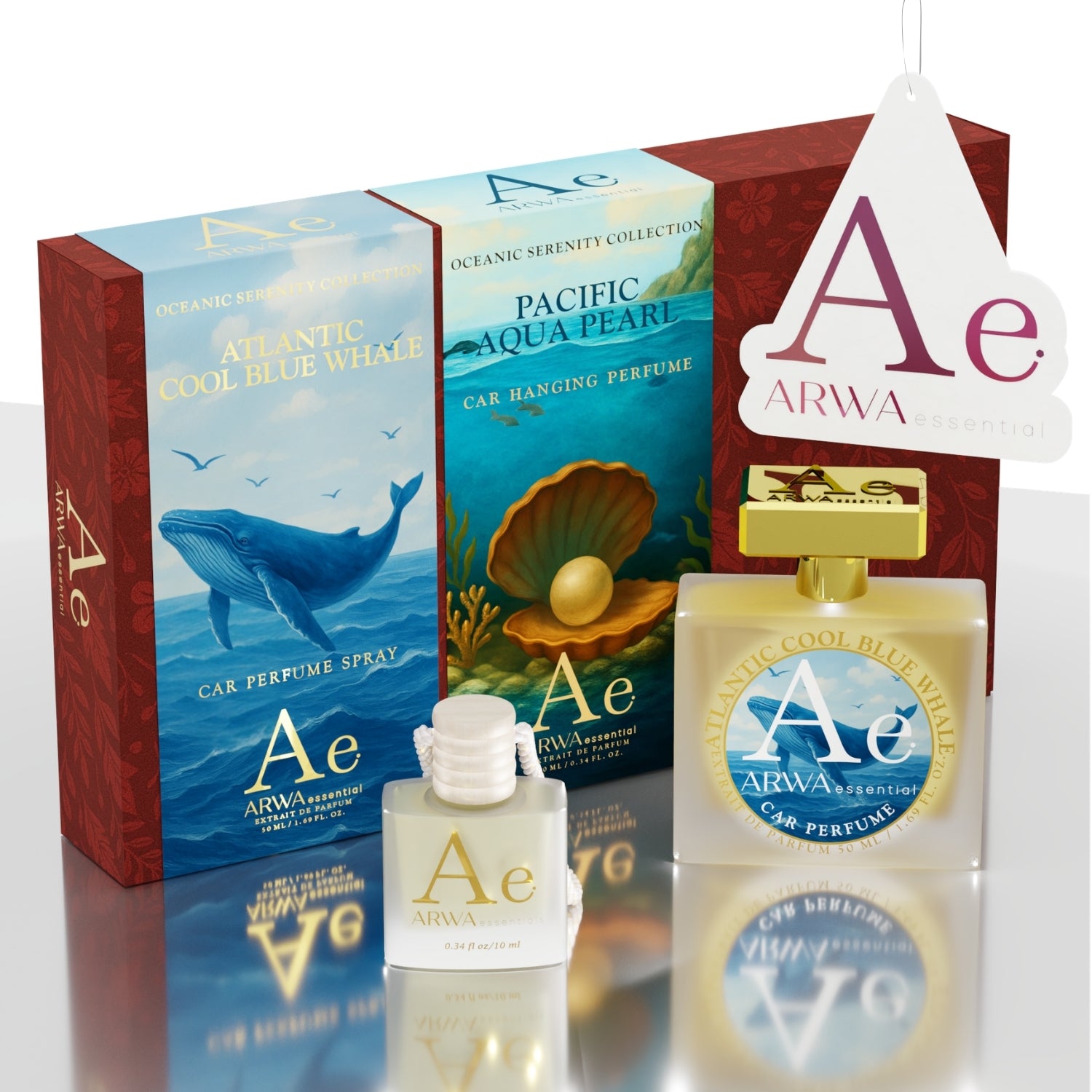 Pacific Aqua Pearl Hanging Car Perfume 10ml + Atlantic Cool Blue Whale Car Perfume Spray 50ml