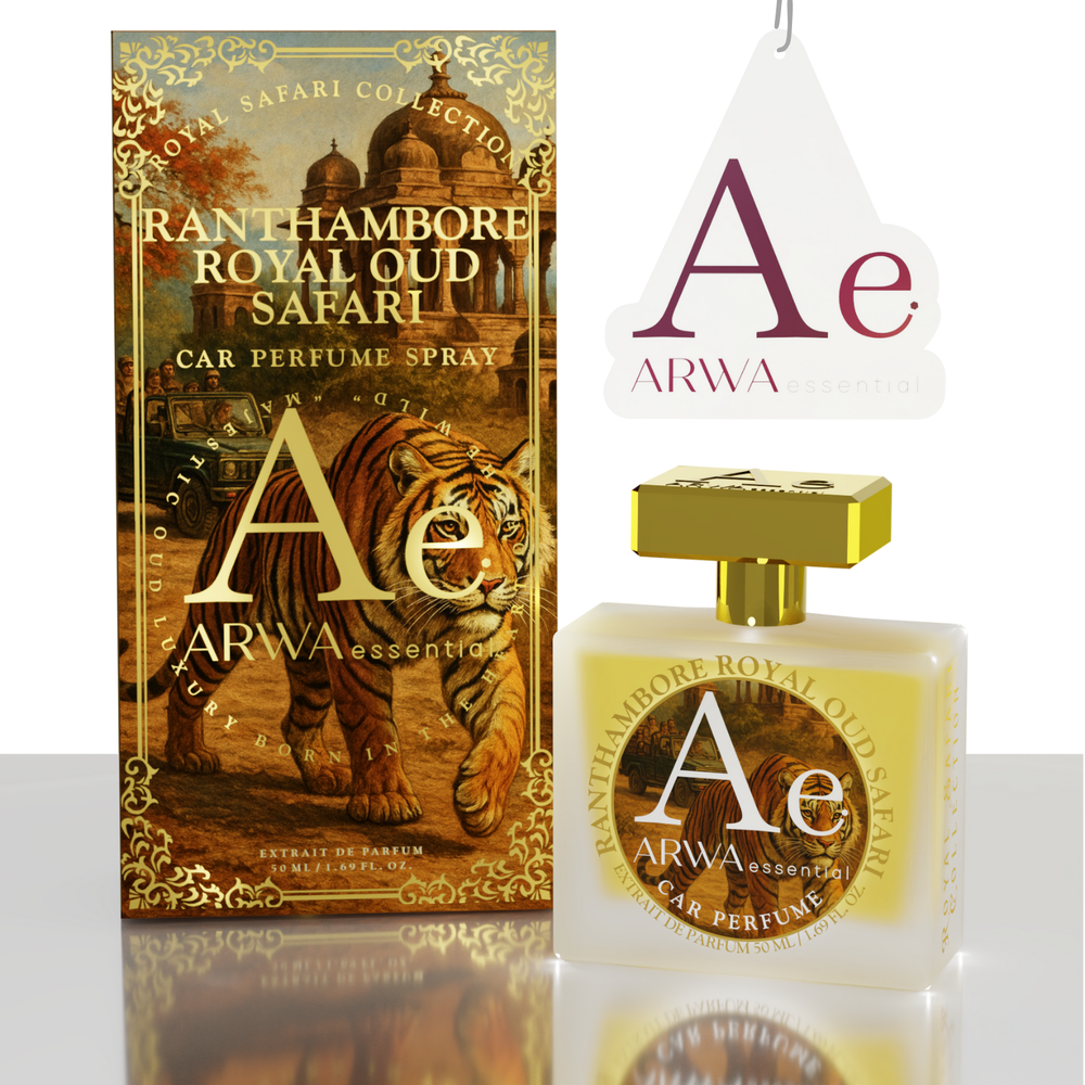 Ranthambore Royal Oud Safari Car Perfume Spray 50ml – orange tiger-design packaging box with spray bottle and ARWA branded hang tag, front view