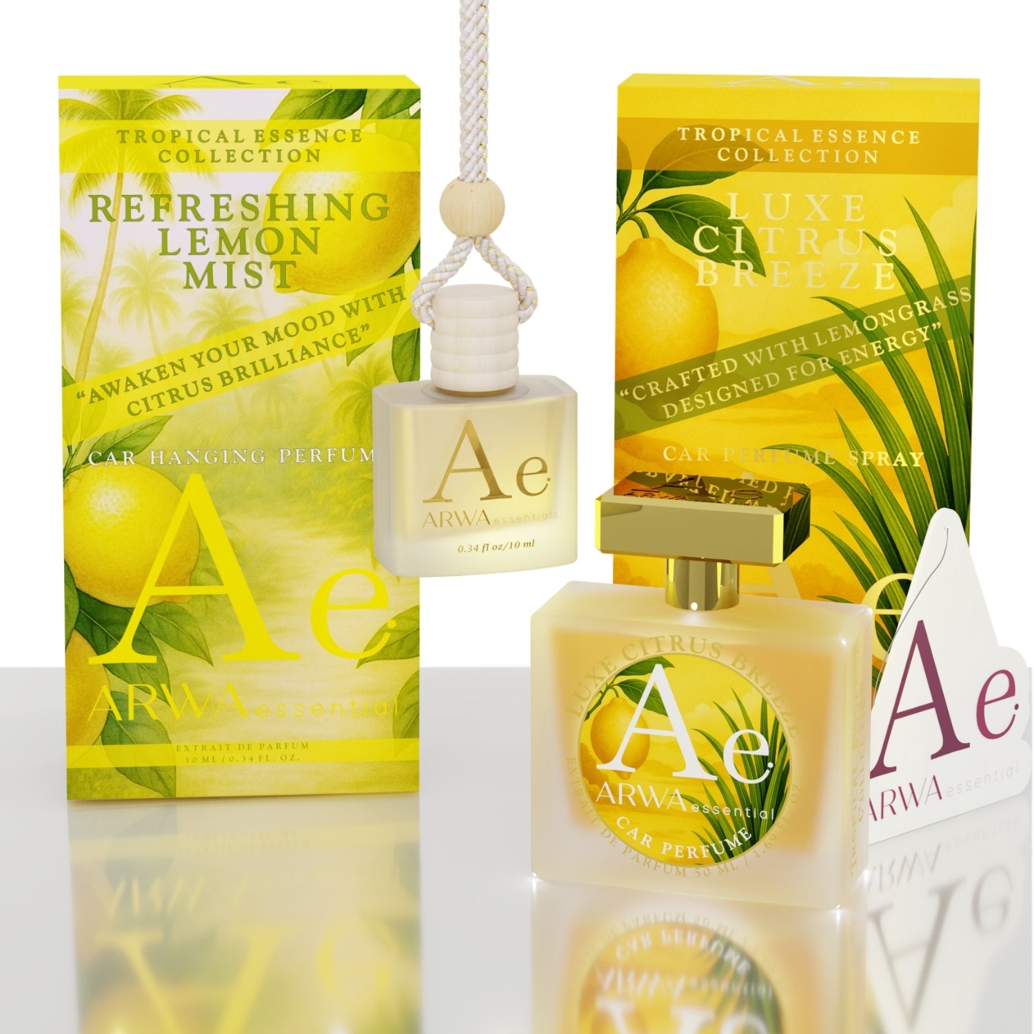 Refreshing Lemon Mist Hanging Car Perfume 10ml + Luxe Citrus Breeze Car Perfume Spray 50ml