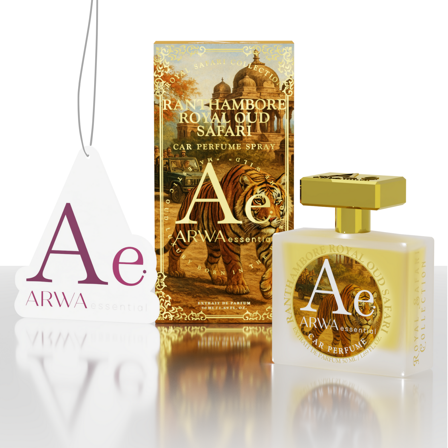 Ranthambore Royal Oud Safari Car Perfume Spray 50ml – spray bottle beside orange tiger-design packaging box and ARWA branded hang tag, angled view
