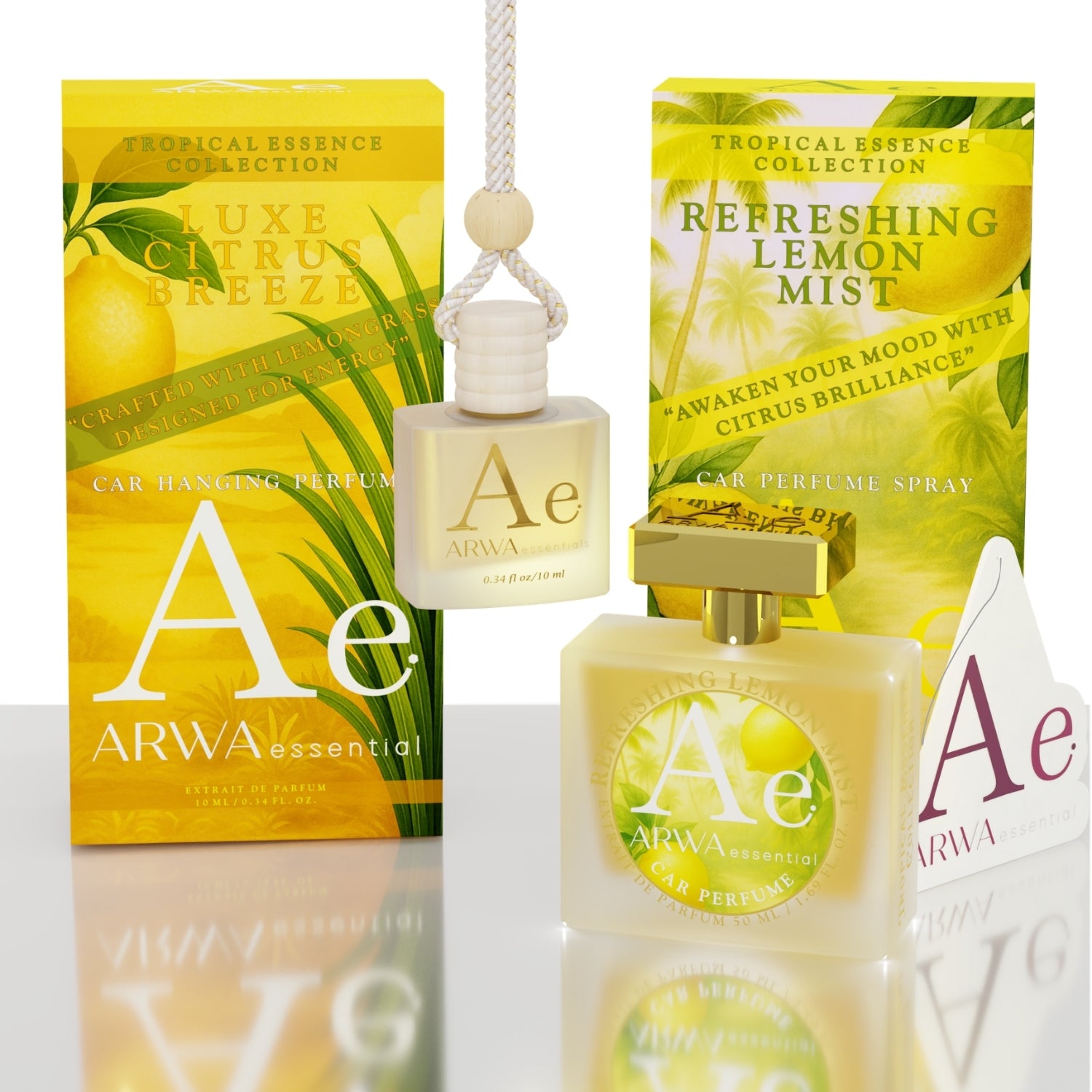 Refreshing Lemon Mist Hanging Car Perfume 10ml + Luxe Citrus Breeze Car Perfume Spray 50ml