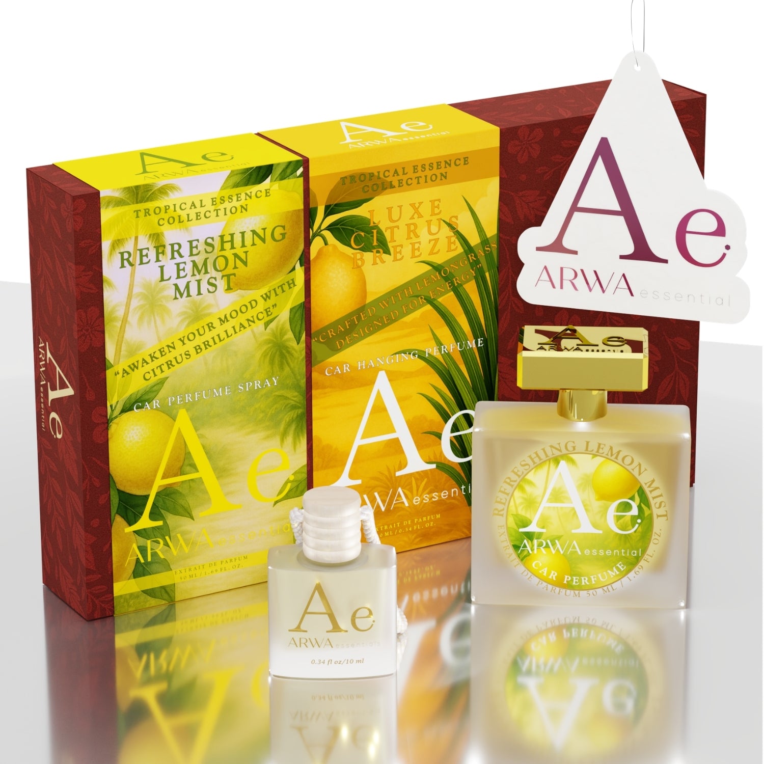Refreshing Lemon Mist Hanging Car Perfume 10ml + Luxe Citrus Breeze Car Perfume Spray 50ml