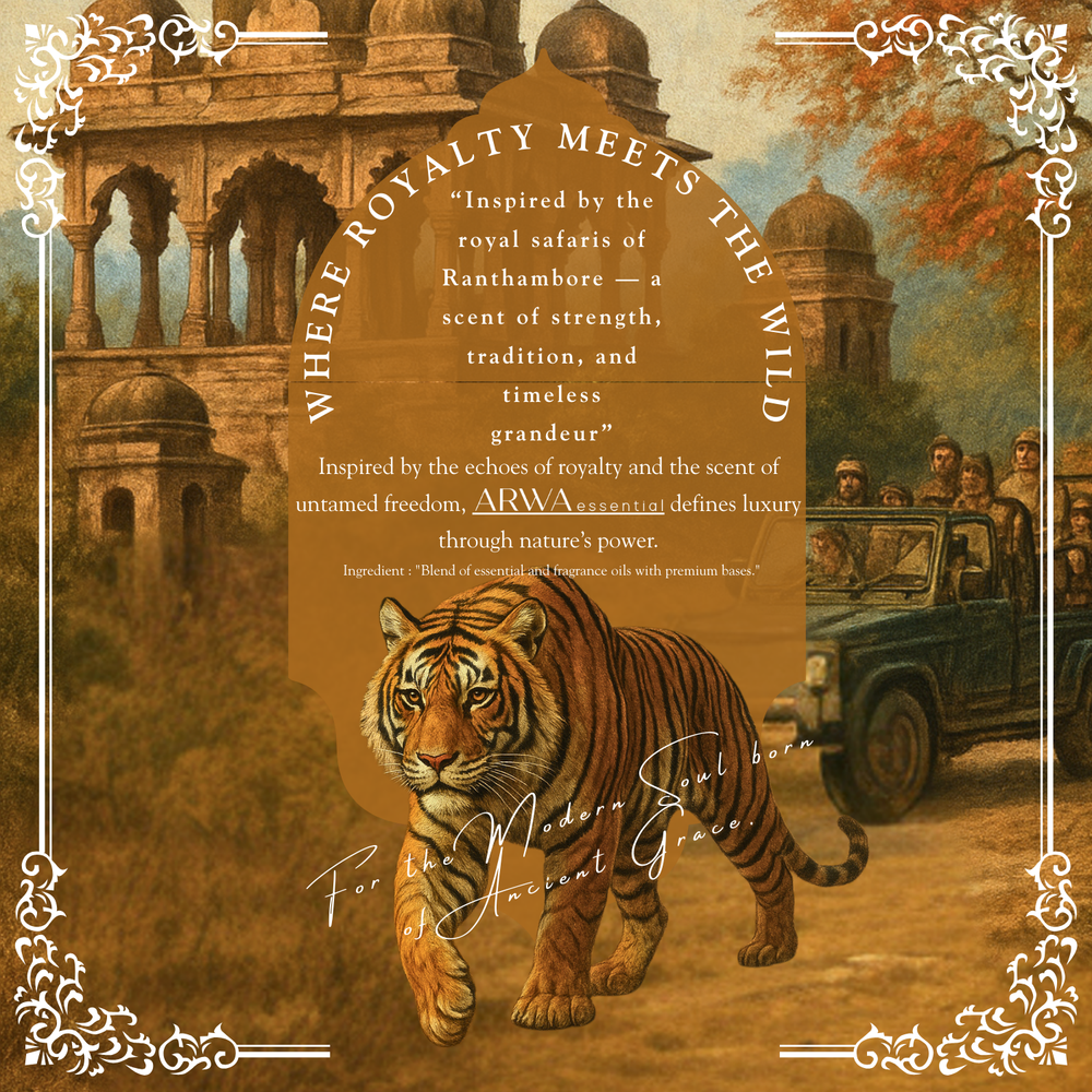 Ranthambore Royal Oud Safari quote card – Where Royalty Meets the Wild, inspired by the royal safaris of Ranthambore, a scent of strength, tradition, and timeless grandeur