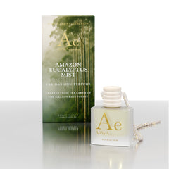 Amazon Eucalyptus Mist 10ml hanging car perfume – green forest-design packaging box with hanging bottle, front view