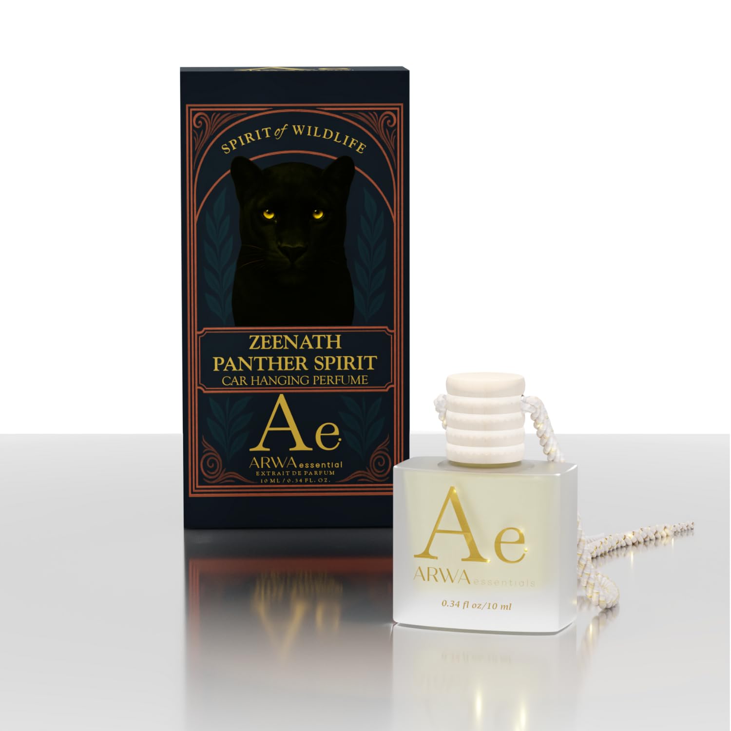 ARWA essential Zeenath Panther Spirit 10ml hanging car perfume, frosted bottle with white cord beside black panther Spirit of Wildlife box.