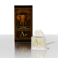 ARWA Essentials Tusker Coffee Charge 10ml hanging car perfume, frosted bottle beside brown elephant-design Spirit of Wildlife box.