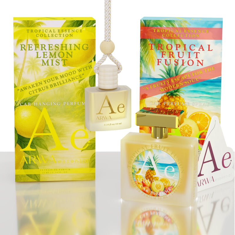ARWA Essential Refreshing Lemon Mist 10ml hanging car perfume and Tropical Fruit Fusion 50ml car perfume spray combo - packaging boxes and bottles side by side