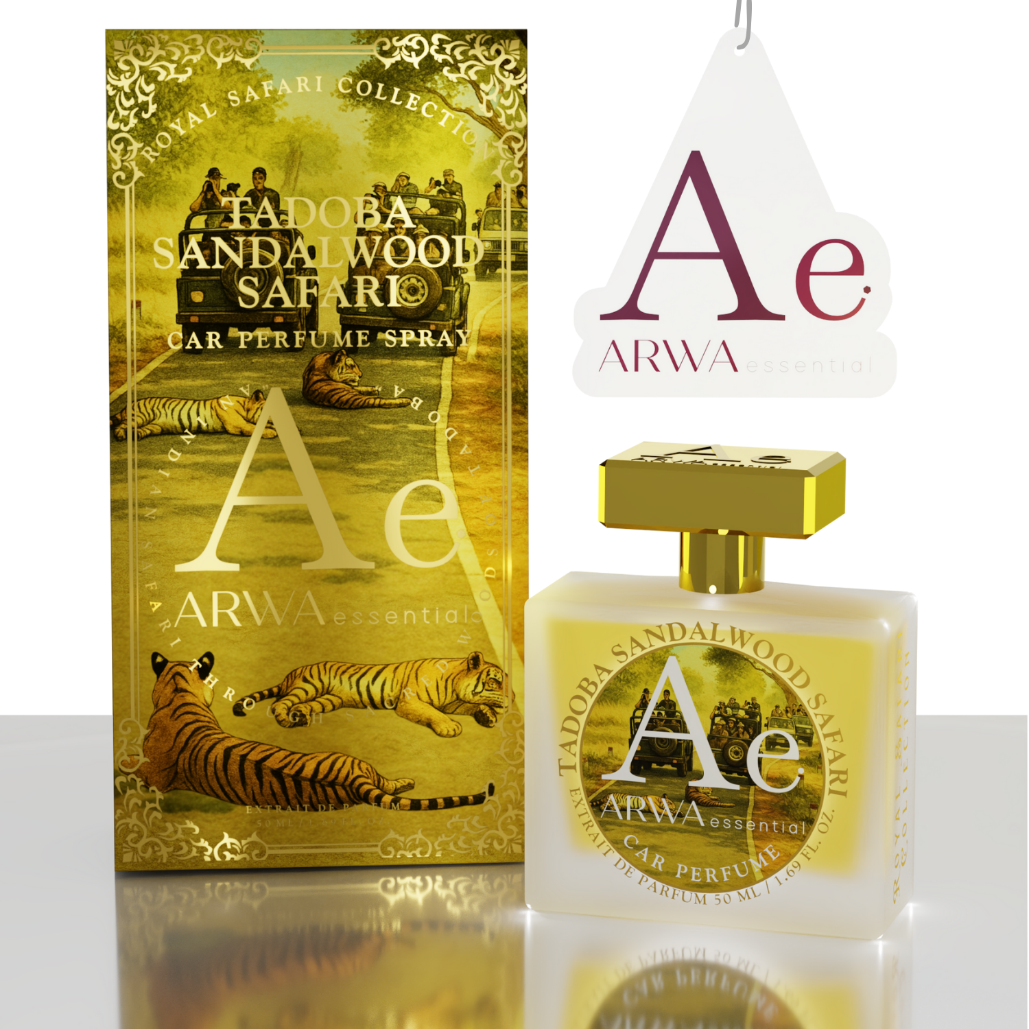 Tadoba Sandalwood Safari Car Perfume Spray 50ml – spray bottle beside yellow tiger-design packaging box and ARWA branded hang tag, angled view