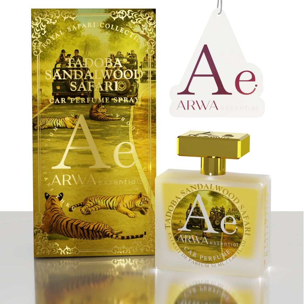 Tadoba Sandalwood Safari Car Perfume Spray 50ml – spray bottle beside yellow tiger-design packaging box and ARWA branded hang tag, angled view