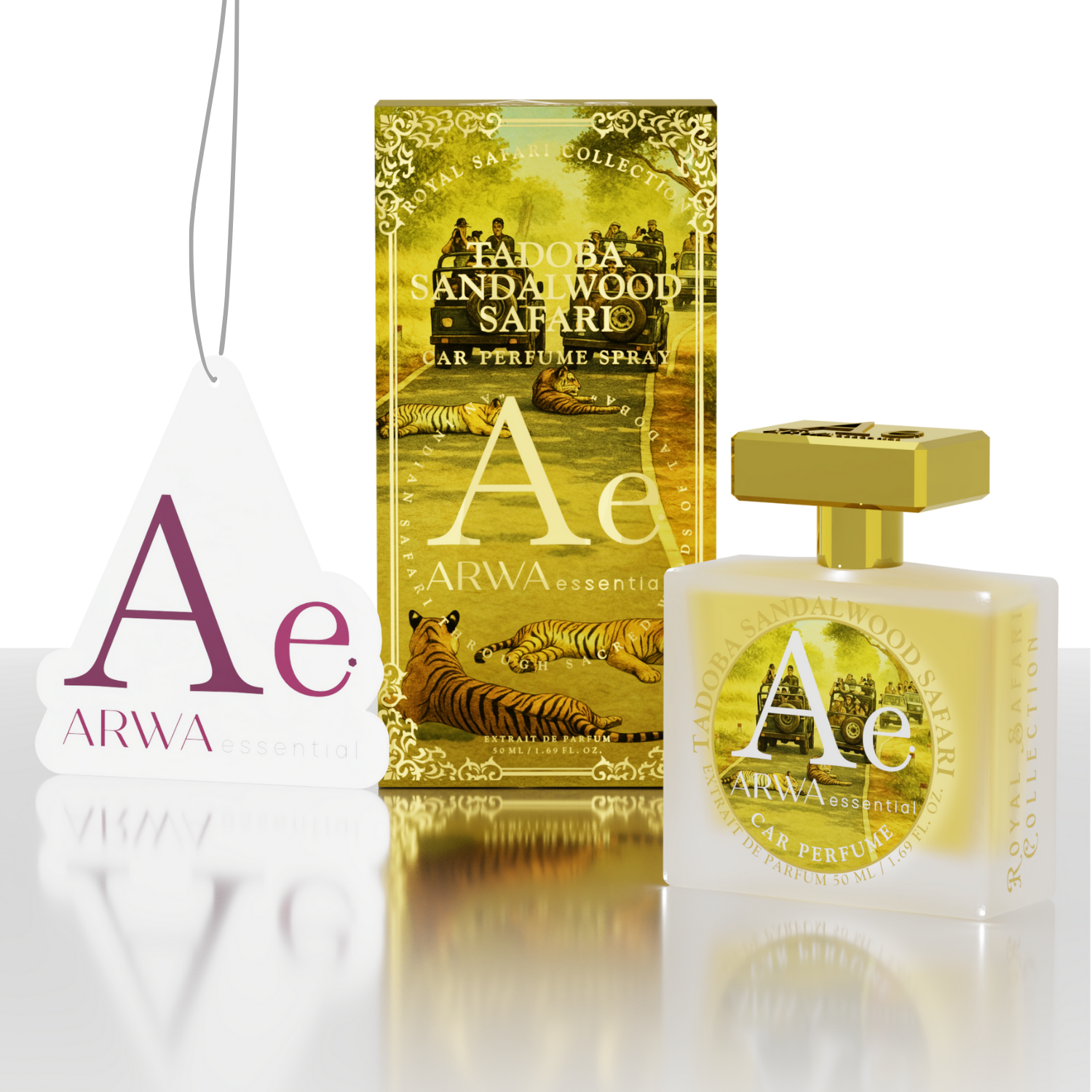 Tadoba Sandalwood Safari Car Perfume Spray 50ml – spray bottle beside yellow tiger-design packaging box and ARWA branded hang tag, angled view