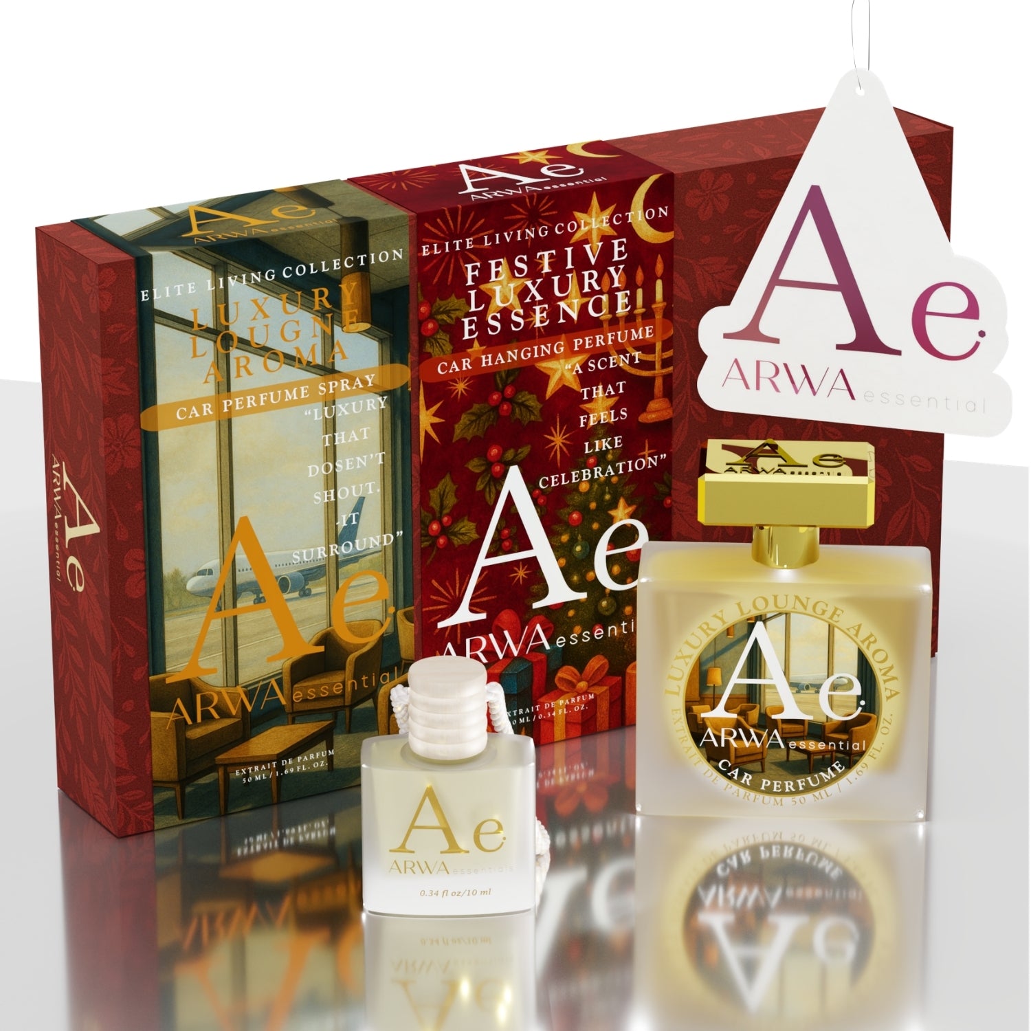 Luxury Lounge Aroma Car Perfume Spray 50ml + Festive Luxury Essence Hanging Car Perfume 10ml