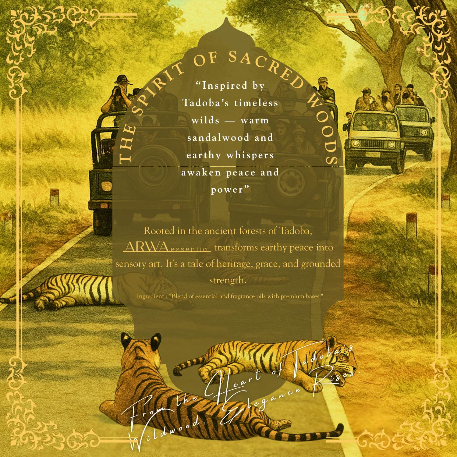 Tadoba Sandalwood Safari quote card – The Spirit of Sacred Woods, inspired by Tadoba's timeless wilds, rooted in the ancient forests of Tadoba, from the heart of Tadoba's wildwood elegance rises
