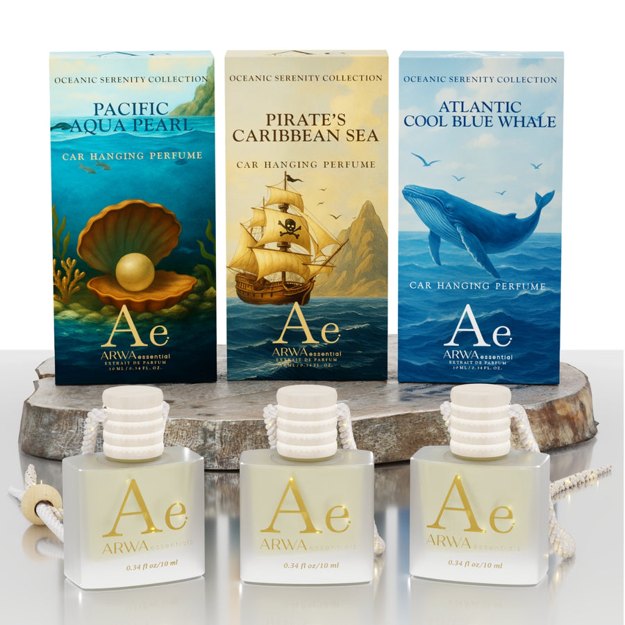 Pacific Aqua Pearl + Atlantic Cool Blue Whale + Pirate’s Caribbean Sea Hanging Car Perfume Combo (10ml + 10ml + 10ml) | Oceanic Serenity Collection