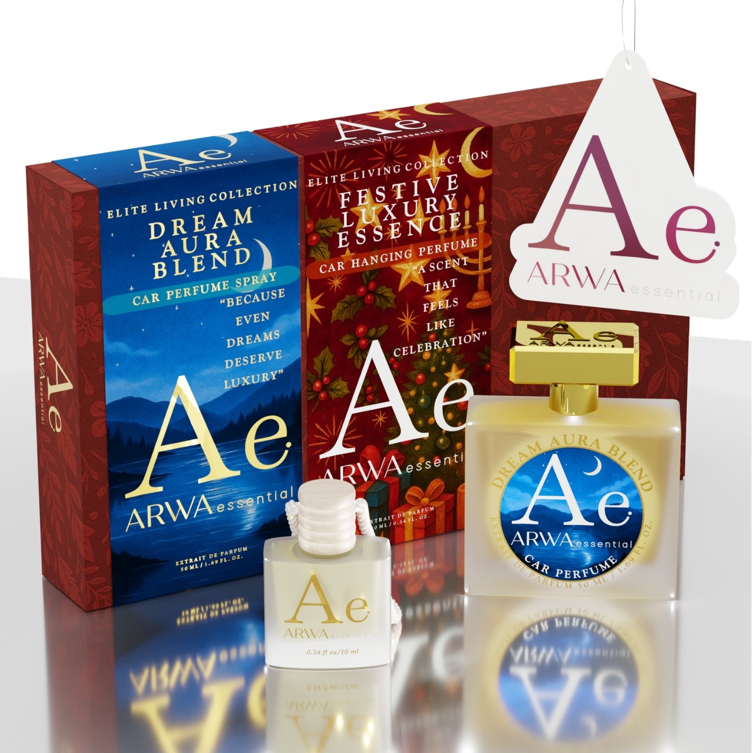 Dream Aura Blend Car Perfume Spray 50ml + Festive Luxury Essence Hanging Car Perfume 10ml