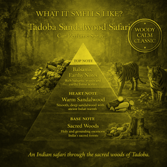 Tadoba Sandalwood Safari Car Perfume Spray fragrance pyramid – what it smells like: top note balsamic earthy notes, heart note warm sandalwood, base note sacred woods; tagged woody, calm, classic; An Indian safari through the sacred woods of Tadoba