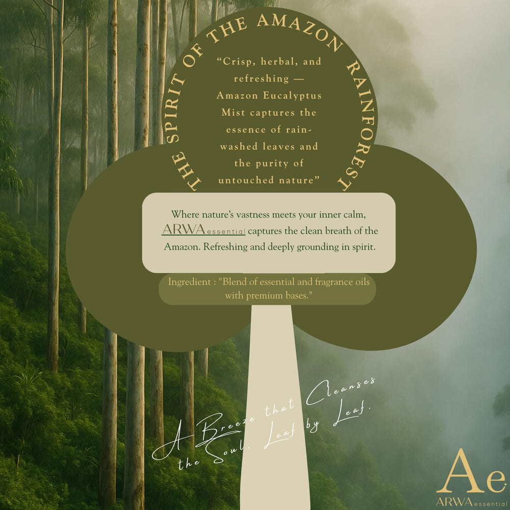 Amazon Eucalyptus Mist quote card – The Spirit of the Amazon Rainforest, crisp herbal and refreshing, capturing the essence of rain-washed leaves and the purity of untouched nature, a breeze that cleanses the soul leaf by leaf