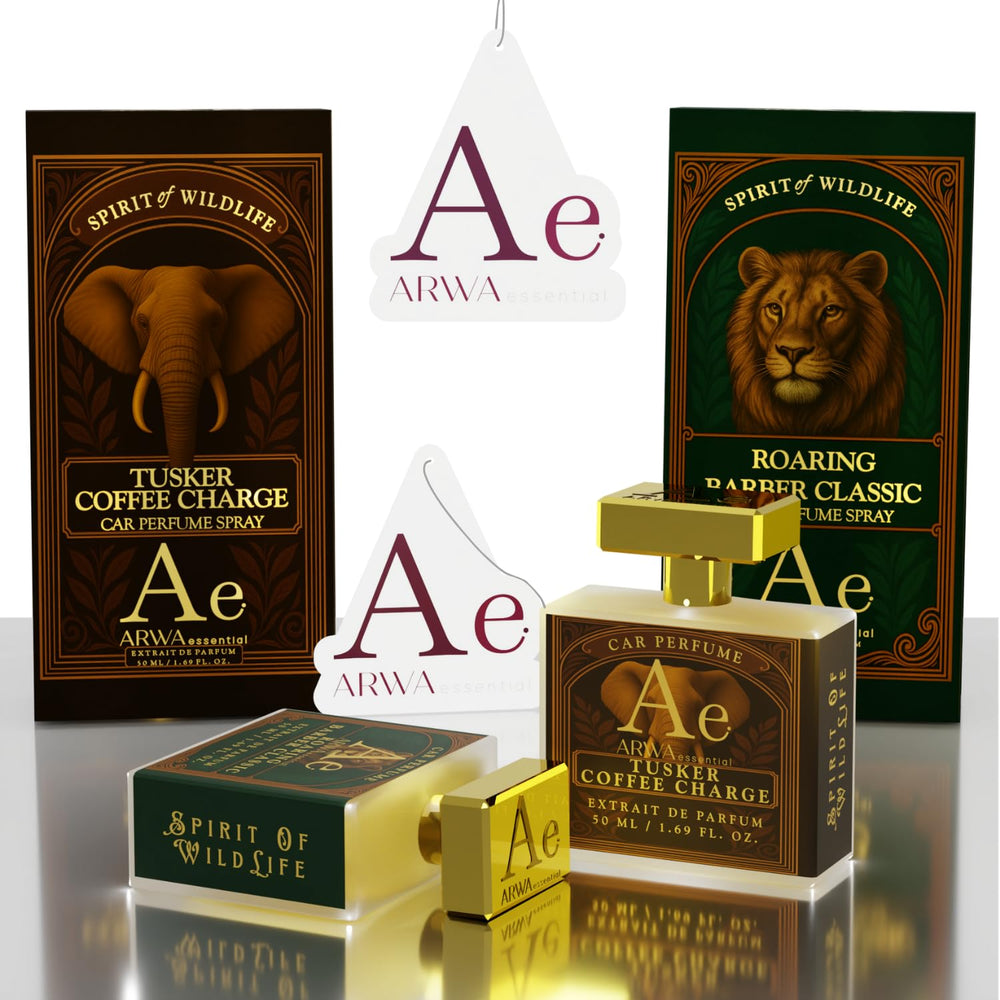 ARWA Essentials Roaring Barber Classic and Tusker Coffee Charge car perfume spray combo, 50ml each, with hanging card air fresheners from the Spirit of the Wildlife collection.