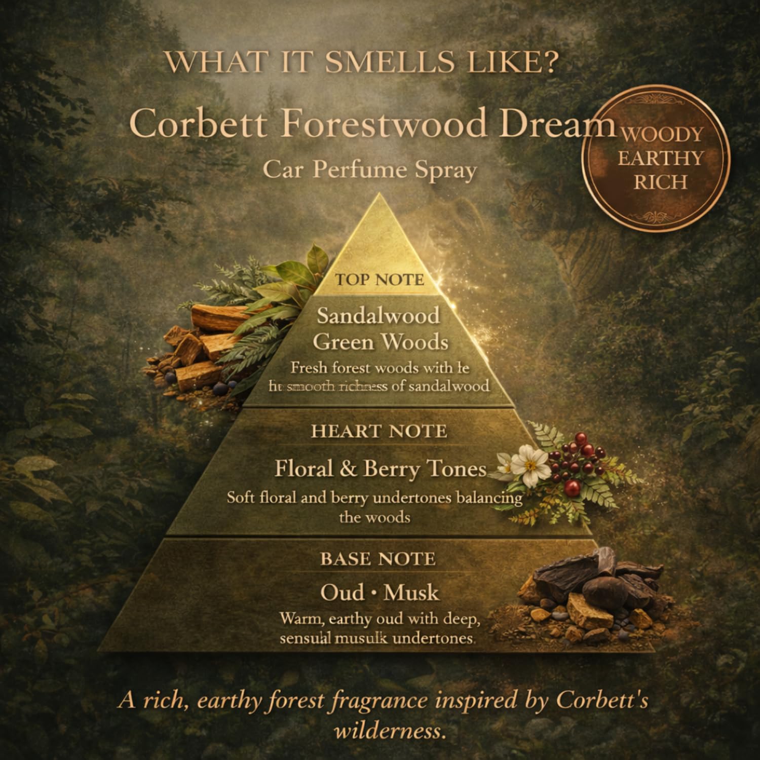 Corbett Forestwood Dream fragrance pyramid - what it smells like - top notes Sandalwood and Green Woods, heart note floral and berry tones, base notes Oud and Musk, woody earthy rich ARWA Essential car perfume spray