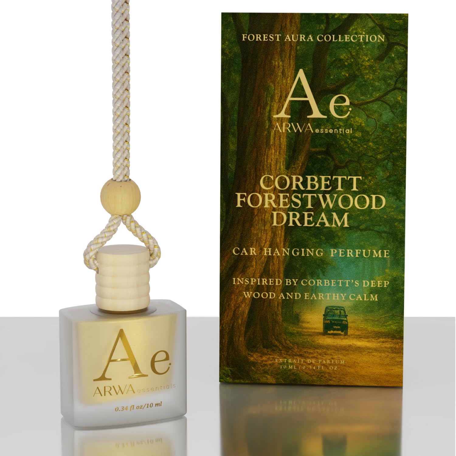 ARWA Essential Corbett Forestwood Dream 10ml hanging car perfume - glass bottle with wooden cap and braided cord next to packaging box
