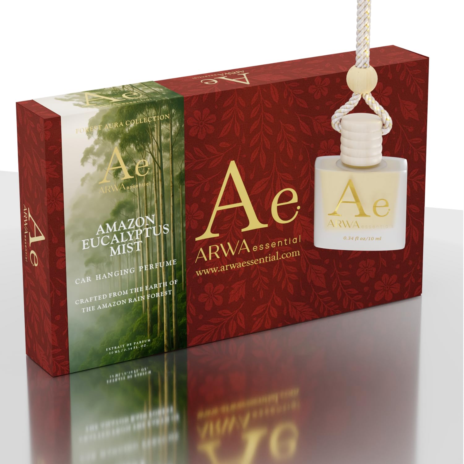 Amazon Eucalyptus Mist 10ml hanging car perfume – ARWA Essential branded gift box with hanging bottle, angled view