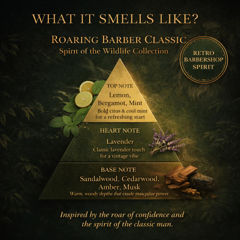 Roaring Barber Classic fragrance notes pyramid infographic - lemon, bergamot and mint top notes, lavender heart, sandalwood cedarwood amber musk base