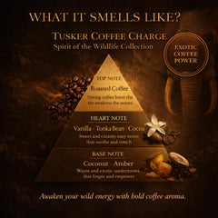 Tusker Coffee Charge coffee car perfume scent profile with roasted coffee, vanilla, cocoa, tonka bean, coconut and amber by ARWA essential