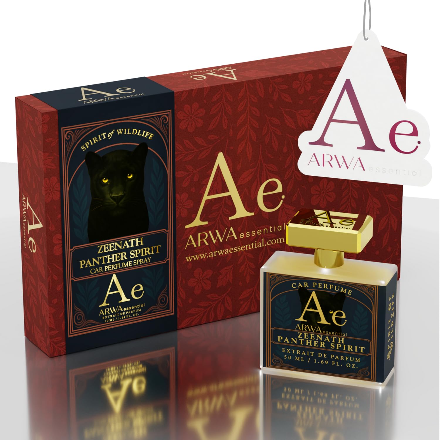 ARWA Essentials Zeenath Panther Spirit car perfume spray box, red packaging with black panther design and gold bottle.
