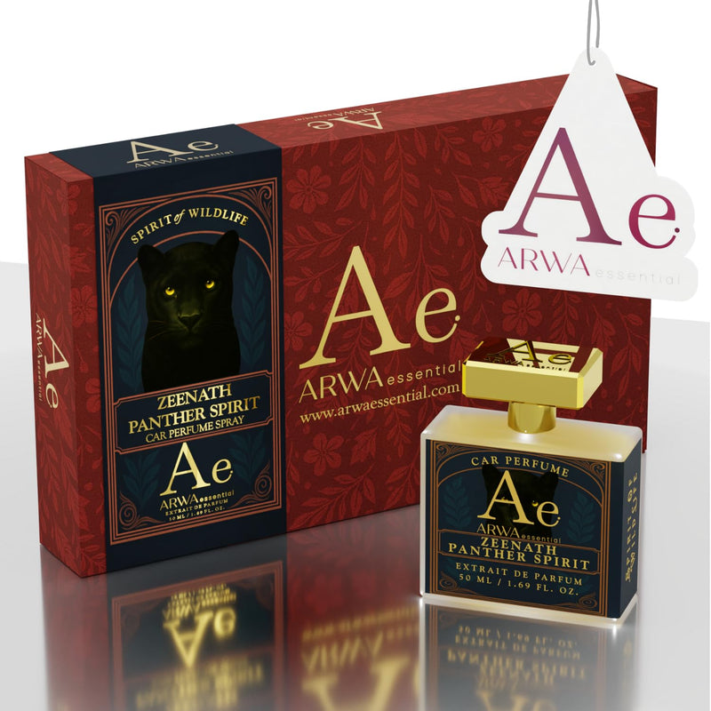 ARWA Essentials Zeenath Panther Spirit car perfume spray box, red packaging with black panther design and gold bottle.