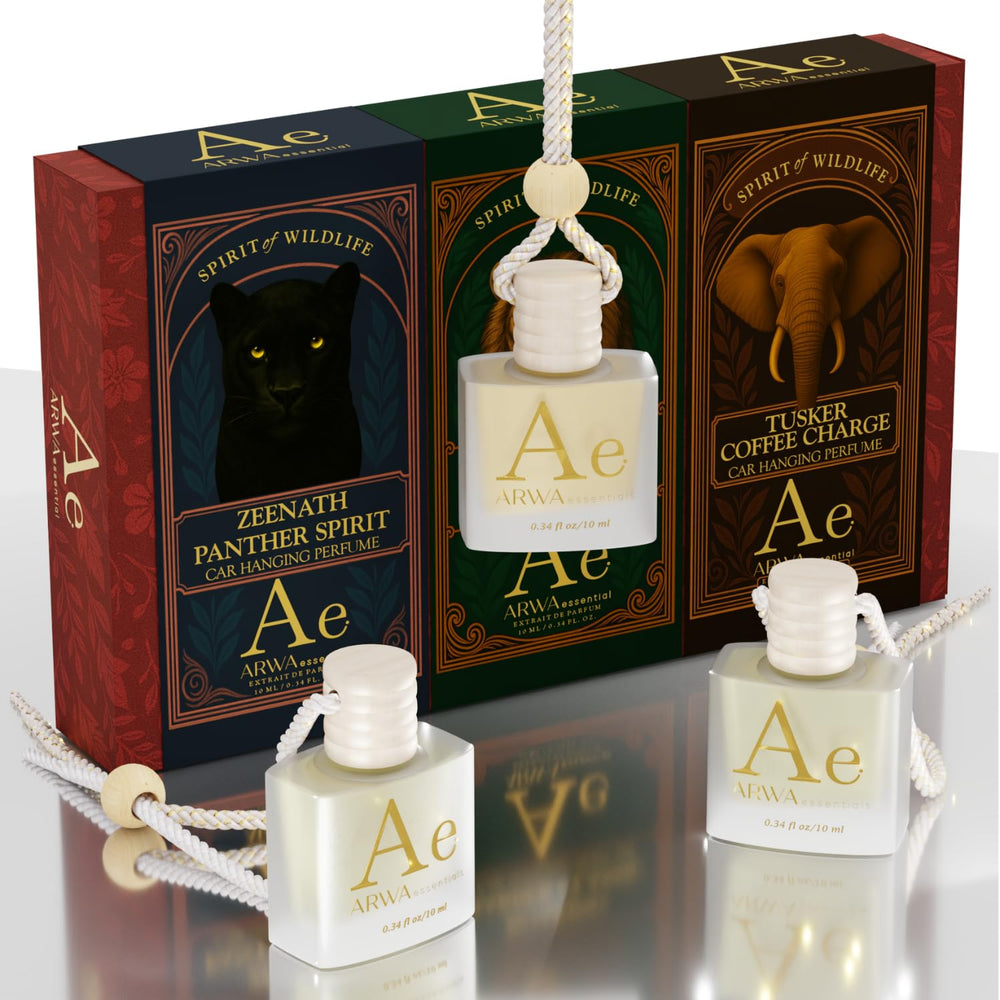 ARWA essential Spirit of the Wildlife hanging car perfume trio with Zeenath Panther Spirit, Roaring Barber Classic and Tusker Coffee Charge 3 x 10ml