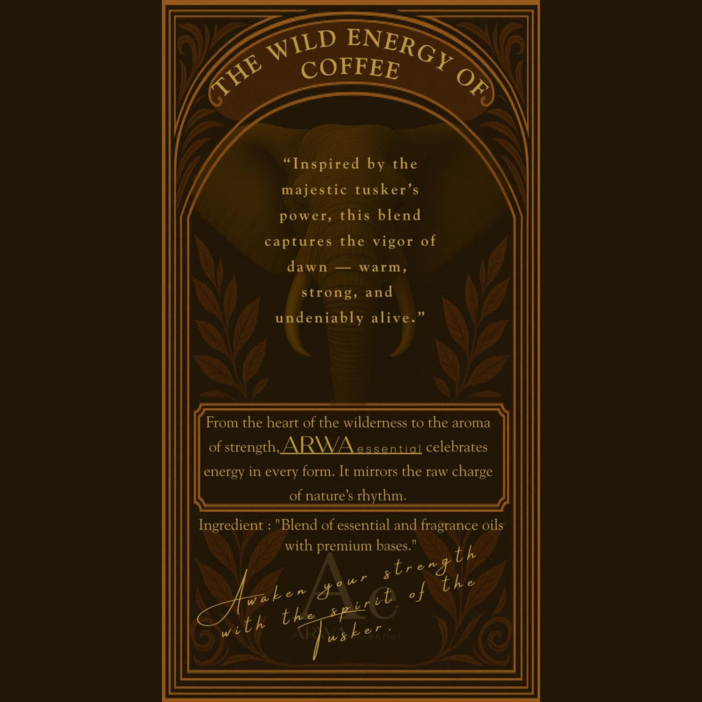 Tusker Coffee Charge car perfume story card by ARWA essential with coffee-inspired fragrance identity from Spirit of the Wildlife Collection