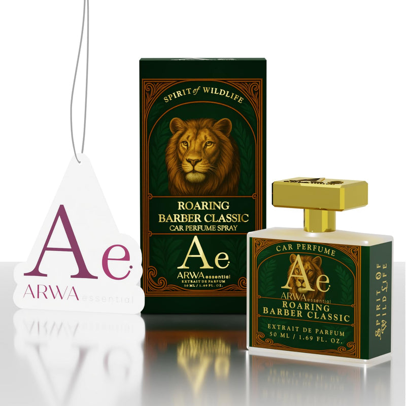 ARWA Essentials Roaring Barber Classic 50ml car perfume spray with green lion-design box and hanging card, Spirit of the Wildlife collection.
