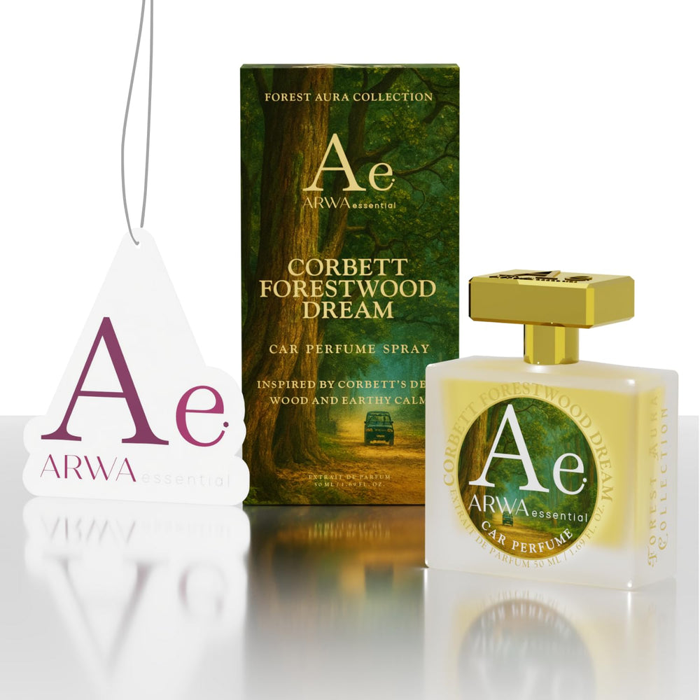 ARWA Essential Corbett Forestwood Dream 50ml car perfume spray - packaging box and glass bottle with gold cap and hanging car freshener tag