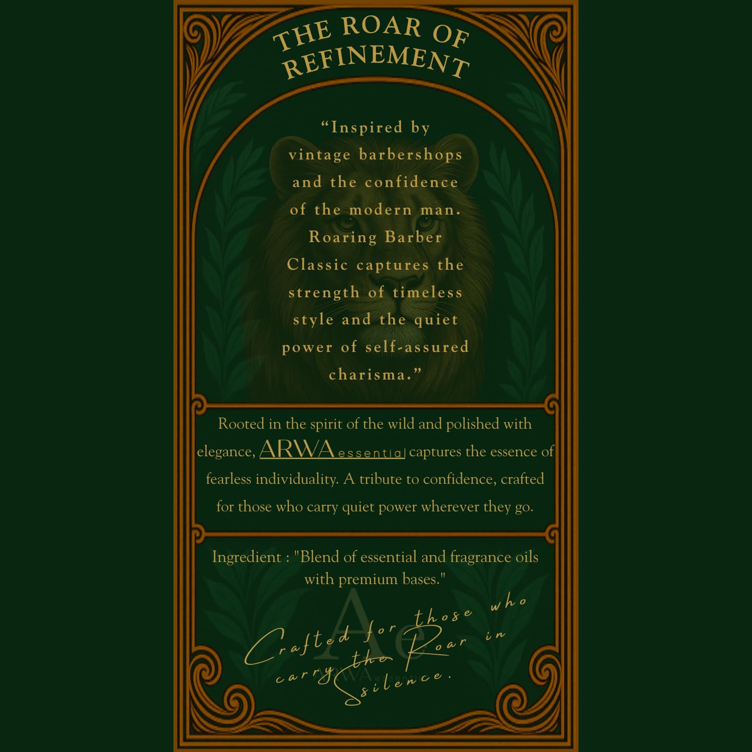 ARWA Essentials "Roar of Refinement" brand story card for Roaring Barber Classic car perfume, blend of essential and fragrance oils with premium bases.