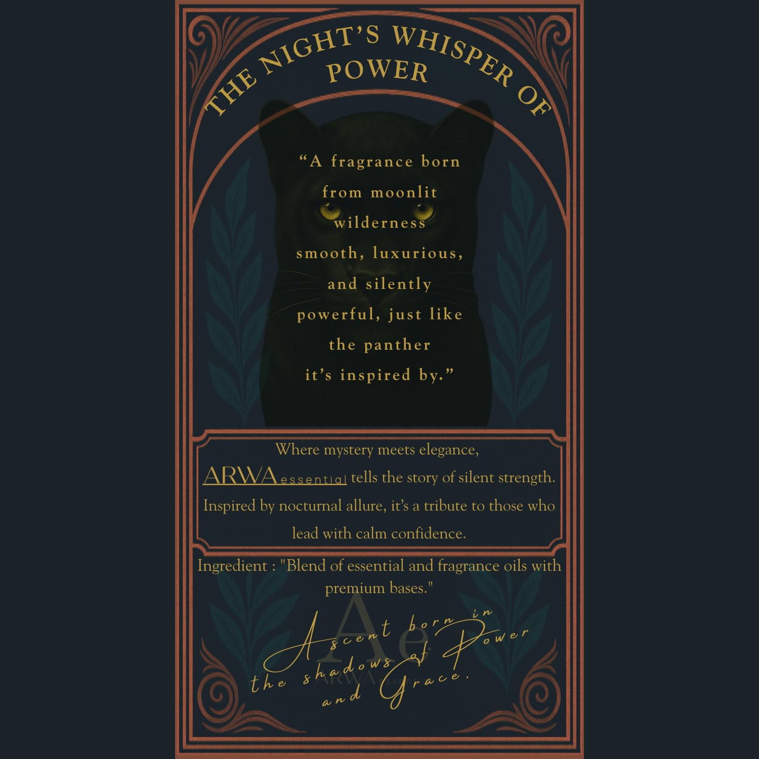 Zeenath Panther Spirit car perfume story card by ARWA essential with panther-inspired luxury fragrance identity