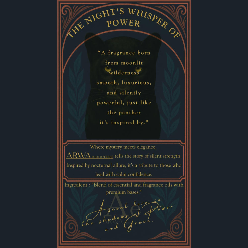 ARWA Essentials "The Night's Whisper of Power" brand story card for Zeenath Panther Spirit car perfume, blend of essential and fragrance oils with premium bases.