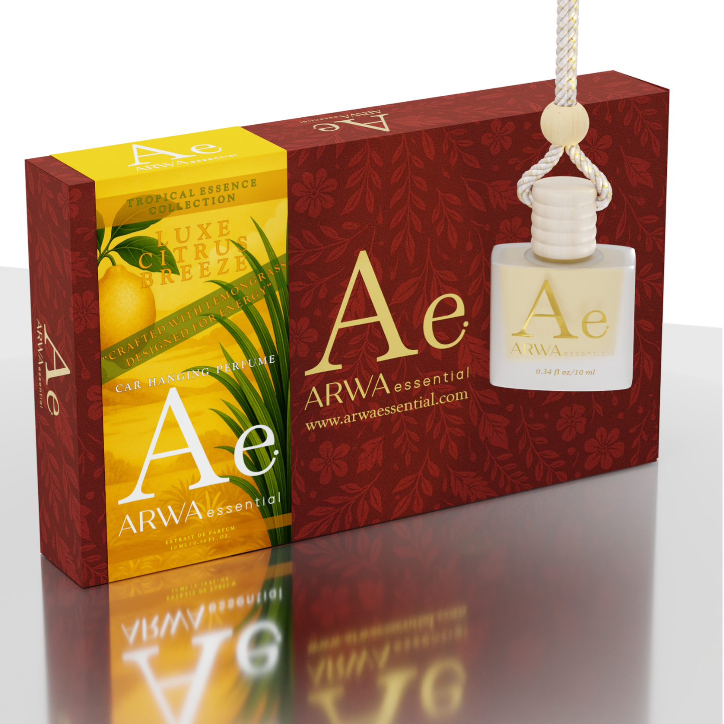 ARWA essential Luxe Citrus Breeze Hanging Car Perfume 10ml + Tropical Fruit Fusion Car Perfume Spray 50ml | Premium Citrus & Fruity Car Fragrance | Luxury Car Perfume Combo
