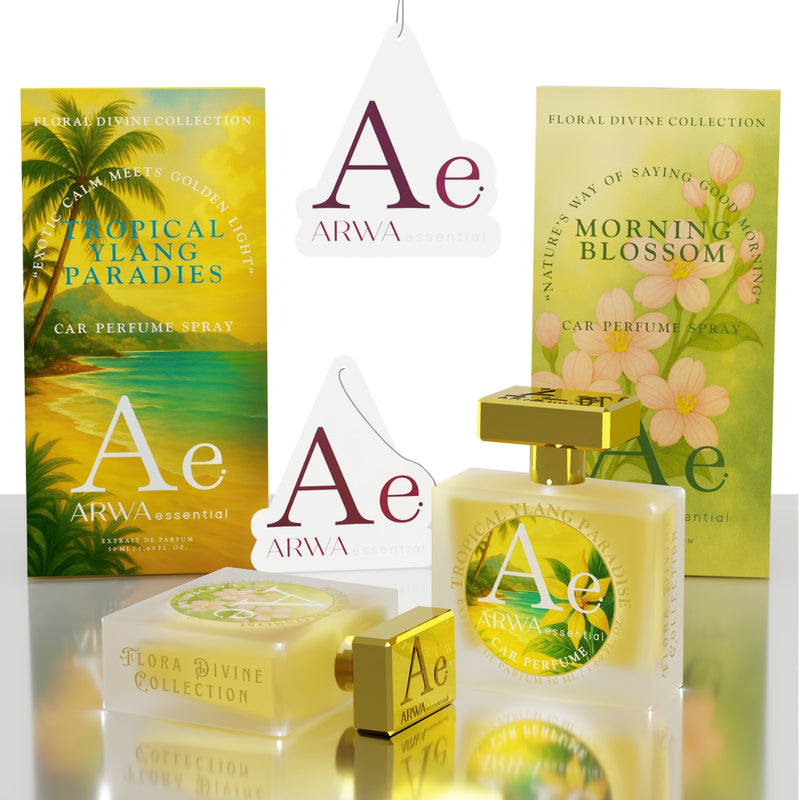 ARWA essential Tropical Ylang Paradise and Morning Blossom car perfume spray boxes with hanging card tag and gold spray bottle, Flora Divine Collection.