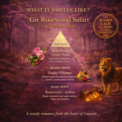 Gir Rosewood Safari Car Perfume Spray fragrance pyramid – what it smells like: top note rose petals and green notes, heart note fruity and honey, base note rosewood and amber; tagged woody, calm, classic, floral, romantic; A woody romance from the heart of Gujarat