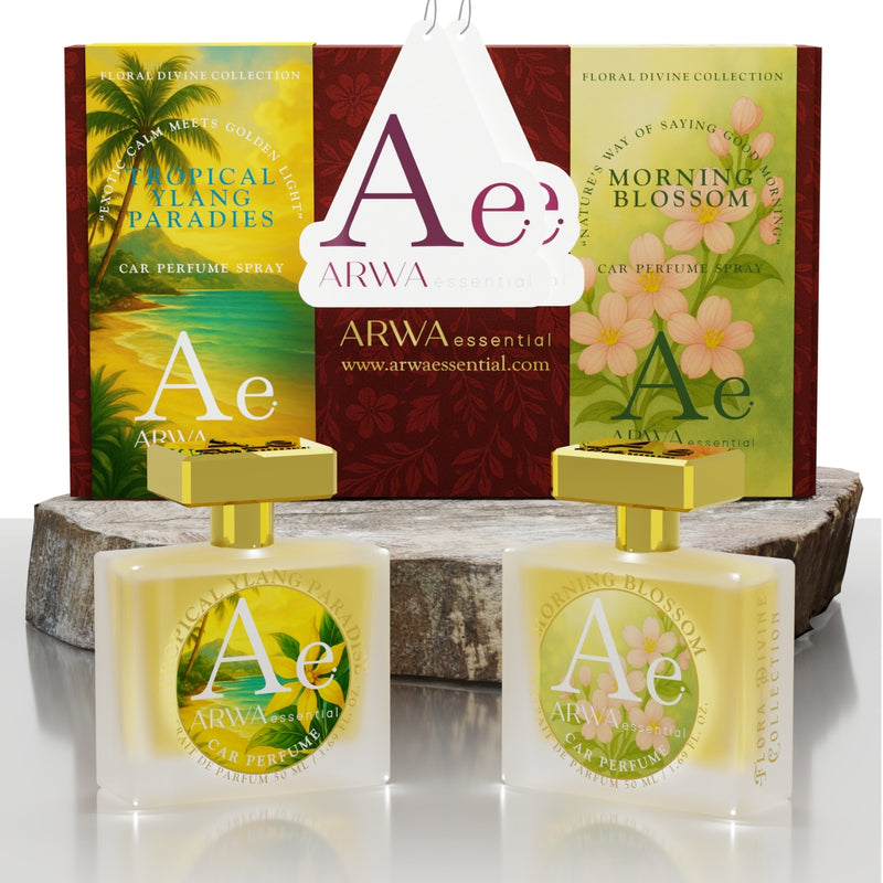 ARWA essential Tropical Ylang Paradise and Morning Blossom car perfume spray combo packaging with two gold bottles, Flora Divine Collection.
