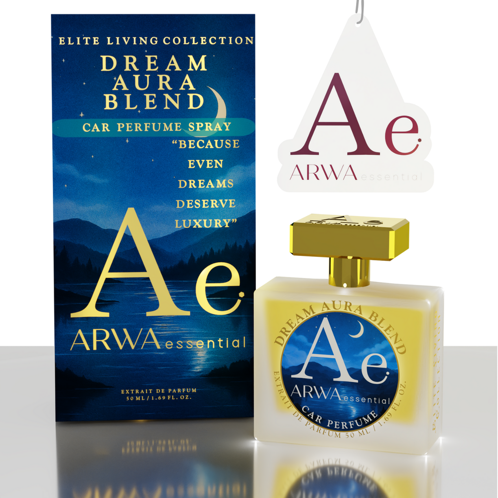 ARWA Essential Dream Aura Blend car perfume, Elite Living Collection – hanging tag, dark blue packaging box and perfume bottle, alternate front view