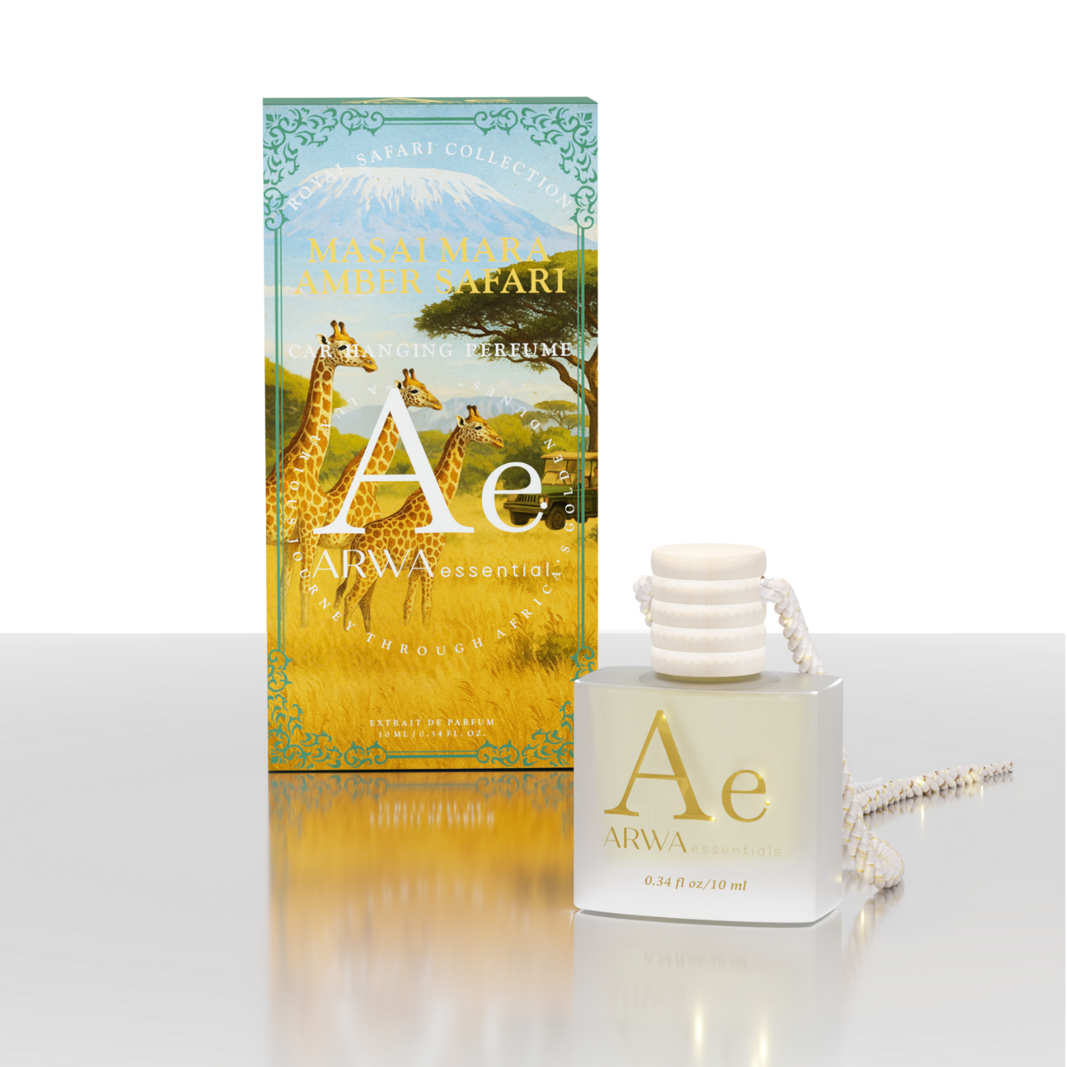 ARWA Essential Masai Mara Amber Safari 10ml hanging car perfume, Royal Safari Collection – packaging box and hanging bottle, front view