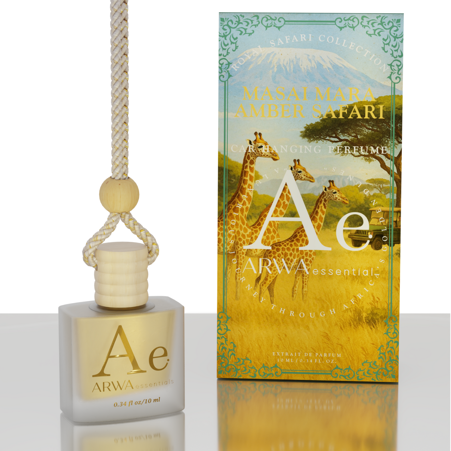 ARWA Essential Masai Mara Amber Safari 10ml hanging car perfume, Royal Safari Collection – hanging bottle and packaging box displayed side by side